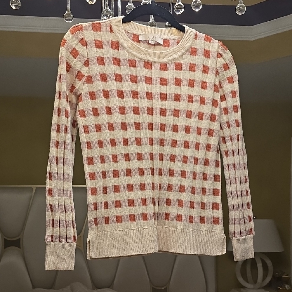 Wool LOFT Cream and Red Checkered Sweater